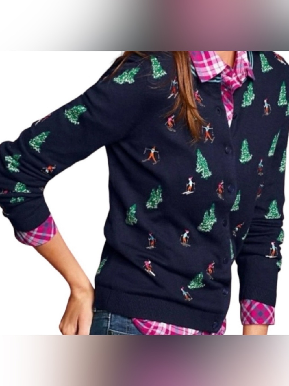 Talbots Navy Ski & Tree Pattern Cardigan Sweater - Women